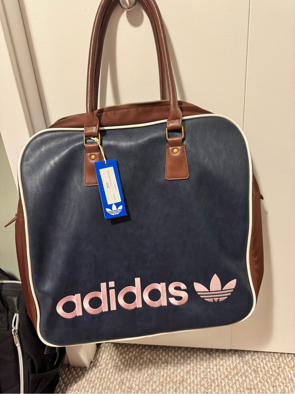 adidas Navy Tote Bag with Brown Trim and Pink Logo